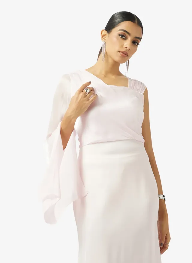 Light Pink Maxi Fit & Flare Dress with Asymmetrical Neck and Long Sleeves – image 3