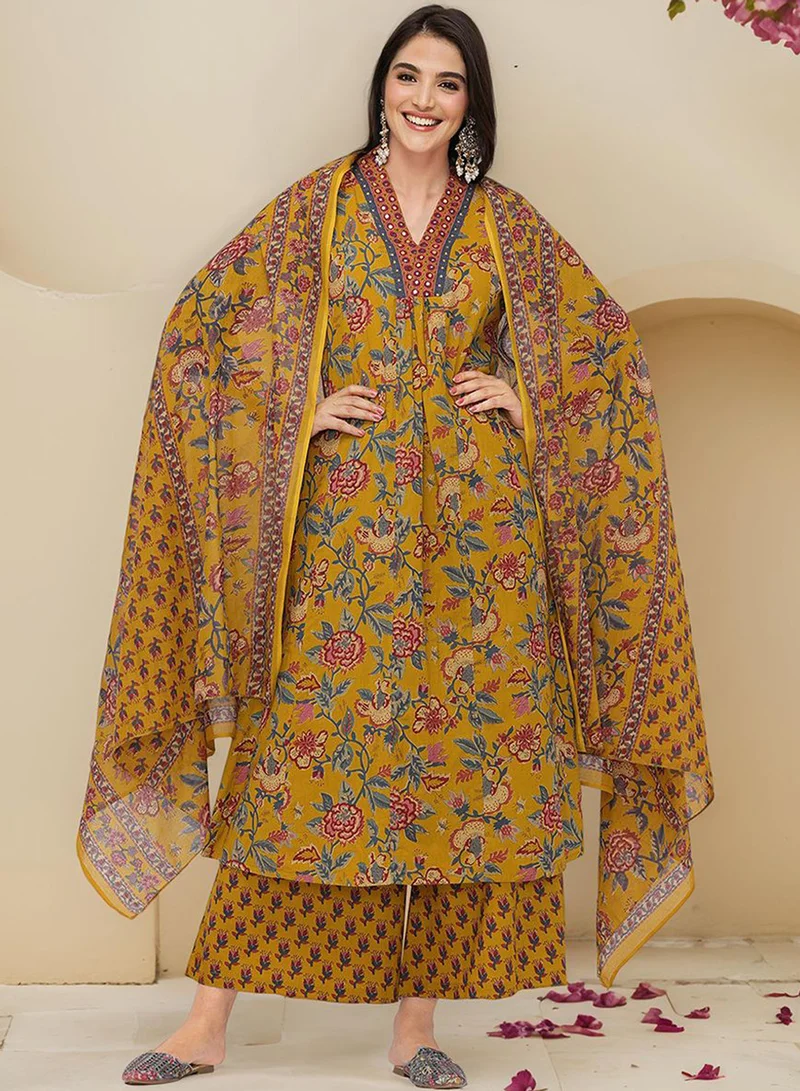 Women's Embellished Cotton Kurta Palazzo Set Mustard