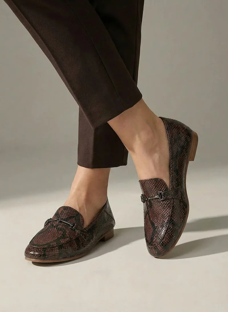 Snake Print Flat Loafers Brown
