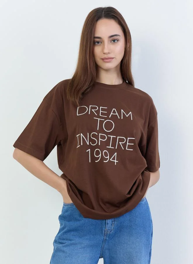 Oversized Slogan Print T-Shirt Brown