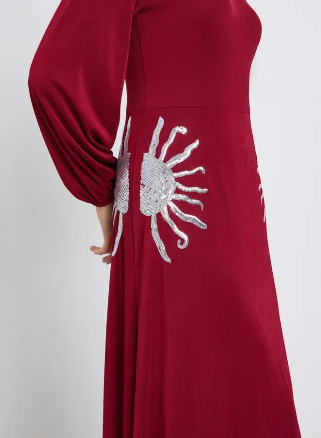 Deep Red Embellished Chiffon Maxi Dress with V Neck and Long Sleeves – image 4