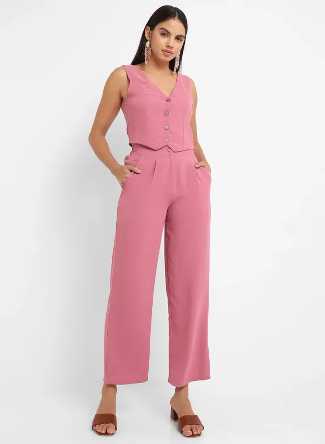 Women's Salmon Pink V-Neck Vest and Pants Co-Ord Set – image 6