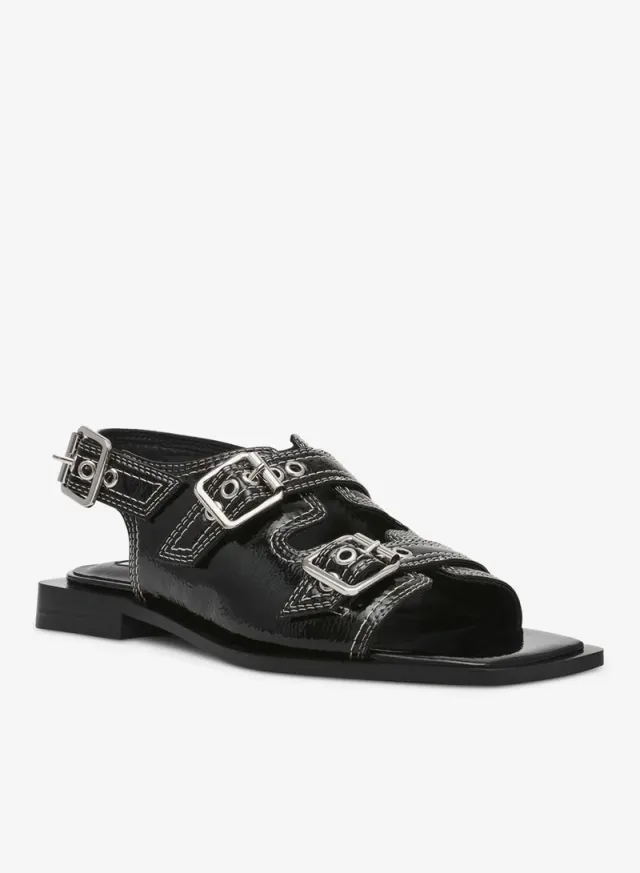 صندل Steve Madden Gen Z من الجلد اللامع المجعد أسود – صورة 2