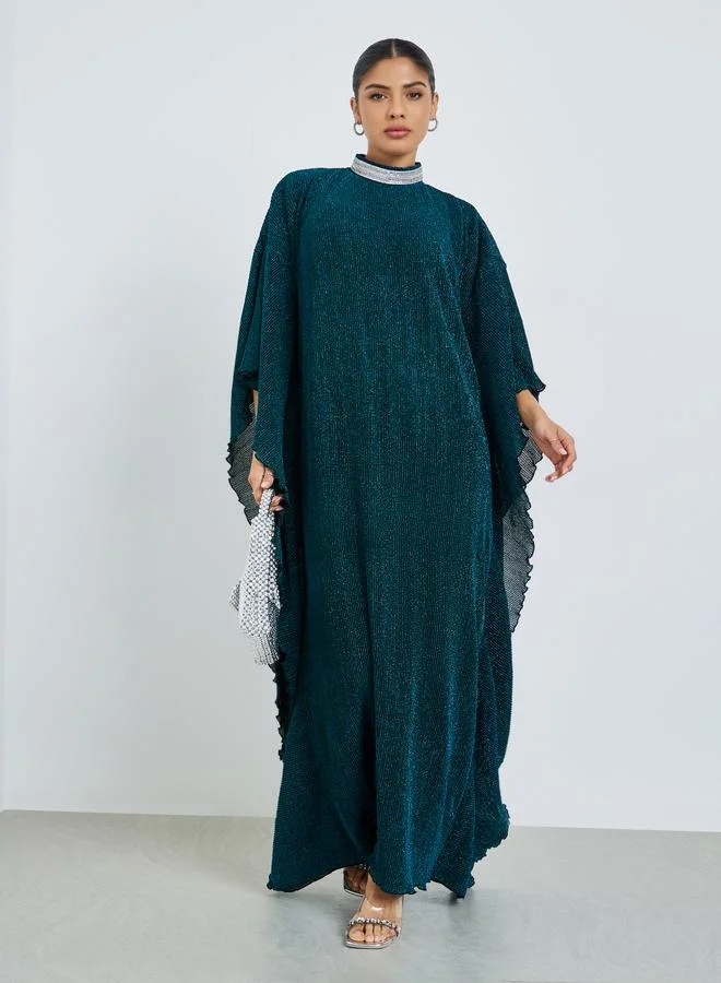 Crystal Collar Plisse Kaftan Green