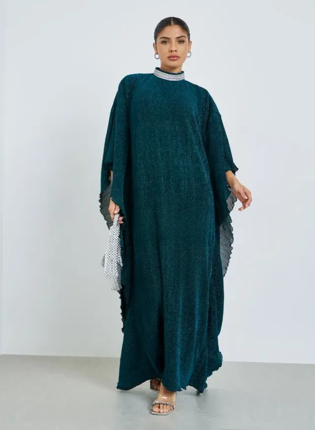 Shimmer Plisse Crystal Collar Kaftan - Green