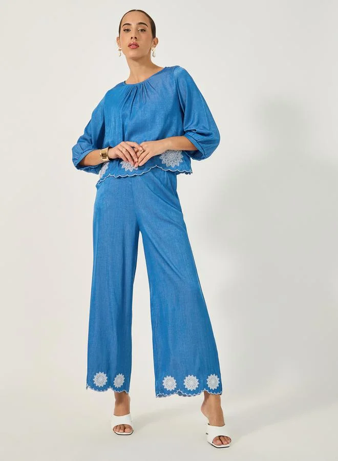Embroidered Scalloped Wide Leg Pants Bright Blue