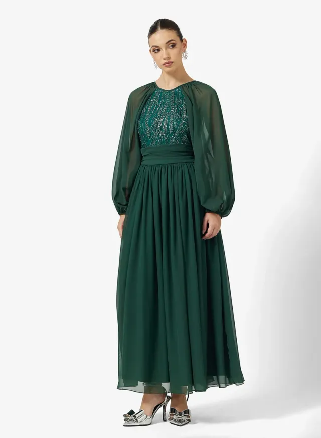 Dark Green Maxi A-Line Dress with Embellished Bodice and Long Sleeves – image 4
