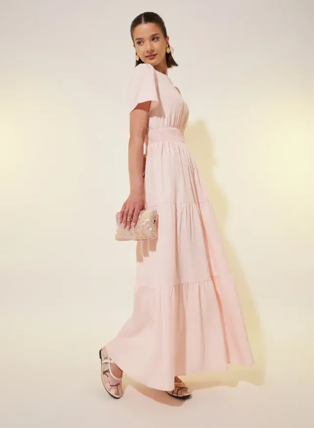 Light Pink Cotton Maxi Dress with Smocked Waist and Short Sleeves – image 2