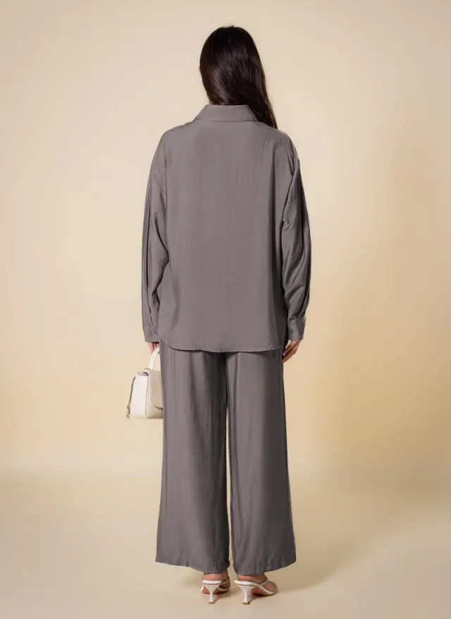 Brown Solid Long-Sleeve Collared Shirt and Pants Set for Women – image 3