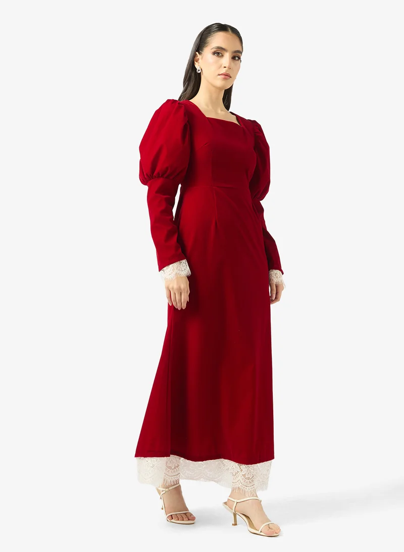 Lace Trim A-line Dress Dark Red