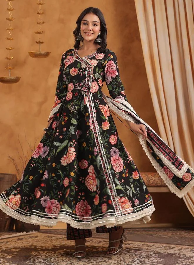 Women's Printed Cotton Kurta Palazzo Set Black