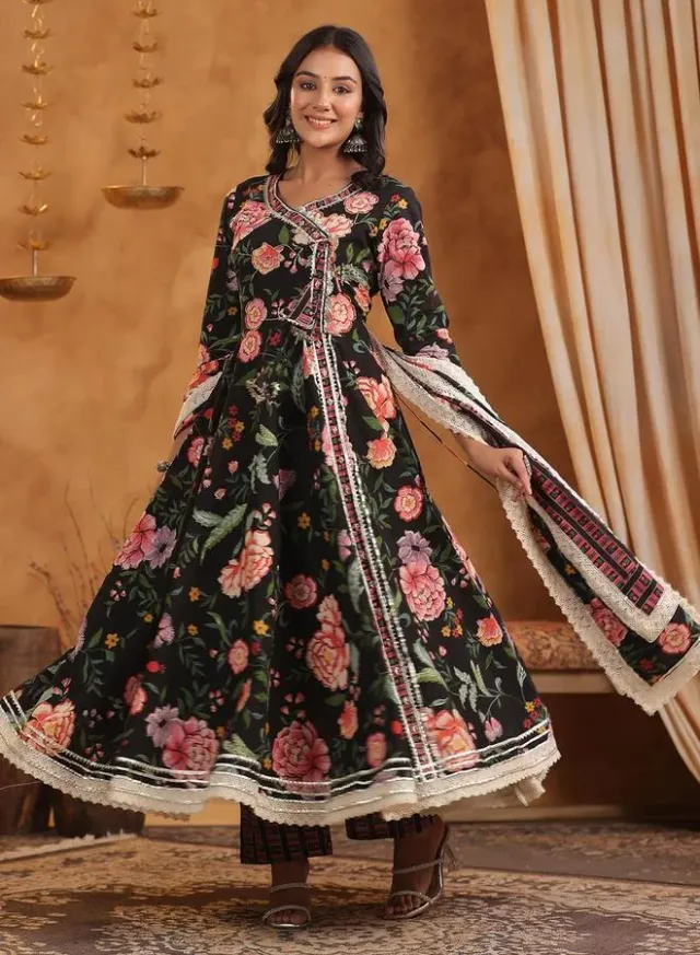Women's Printed Cotton Kurta Palazzo Set Black