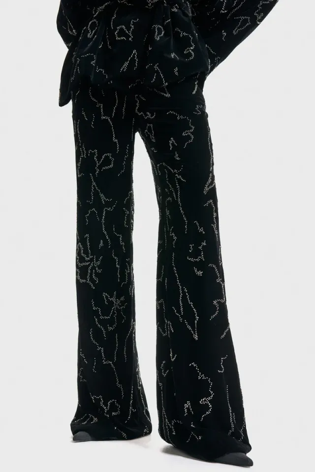 Black Velvet Beaded Embroidered Extra-Long Bootcut Trousers – image 3