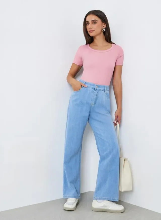 Ribbed Knit Short Sleeve Top Pink – image 2
