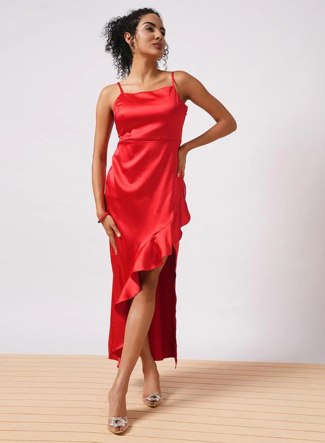 Satin Asymmetric Ruffle Sheath Maxi Dress Red