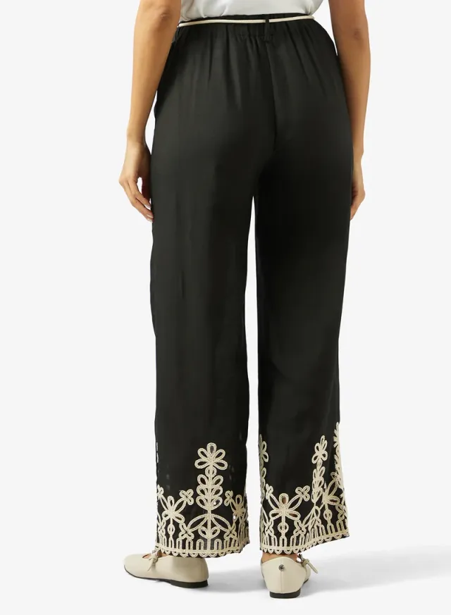 Black Floral Embroidered Ankle-Length Trousers with Elastic Waistband – image 3