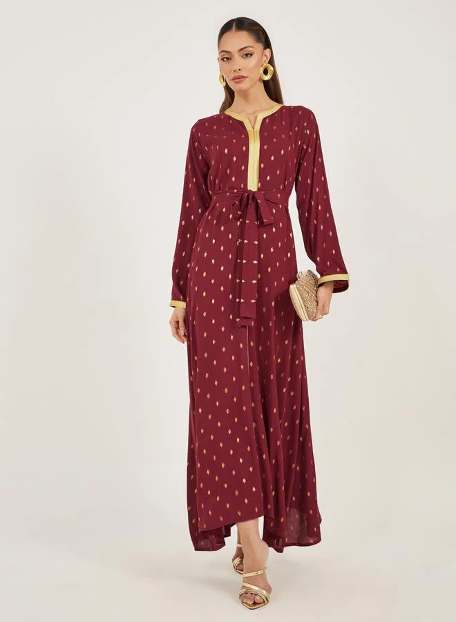 Foil Print Lace Detail Satin Jalabiya with Belt