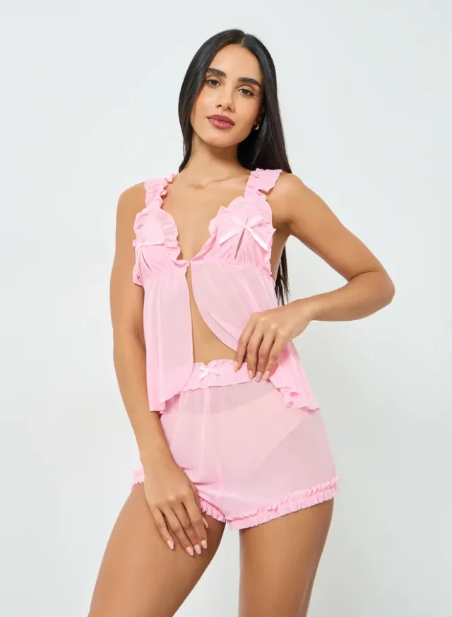 Light Pink Ruffle Trim Cami and Shorts Set (Polyester Blend) – image 2