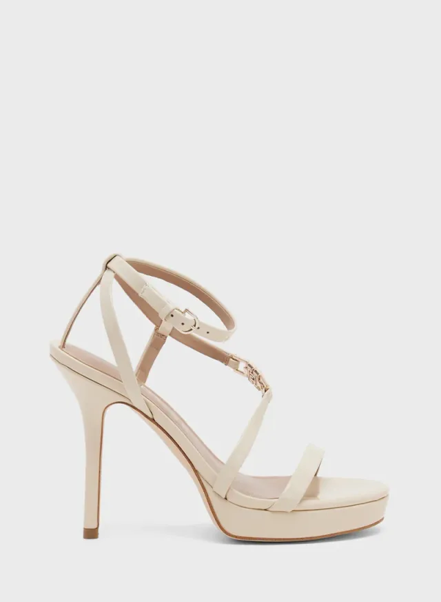 Cream High Heel Sandals with Ankle Straps - Slip On Style