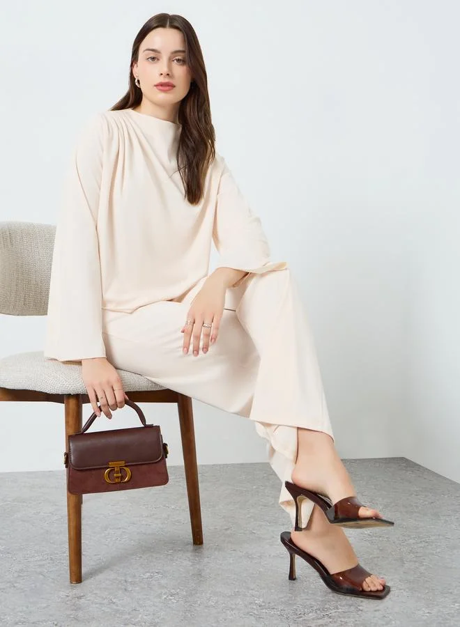 Loose Fit Top and Wide Leg Pants Set Beige