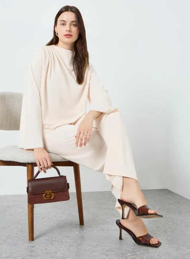 Loose Fit Top and Wide Leg Pants Set Beige