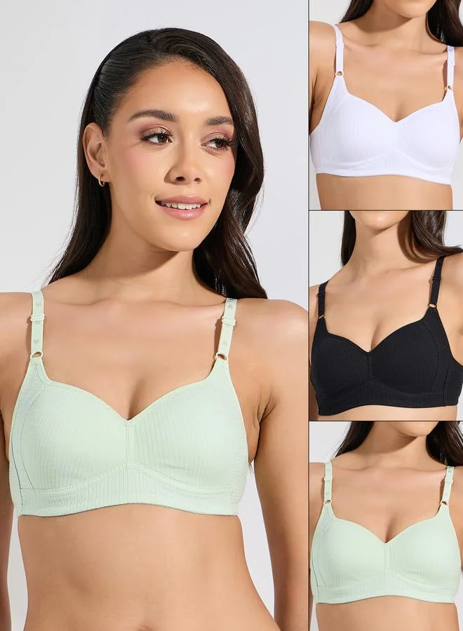 Pack of 3 Padded Non-Wired Cotton Rib T-Shirt Bra Green