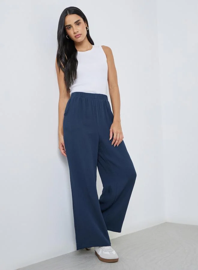 Styli Women Double Gauze Wide Leg Pants Deep Blue