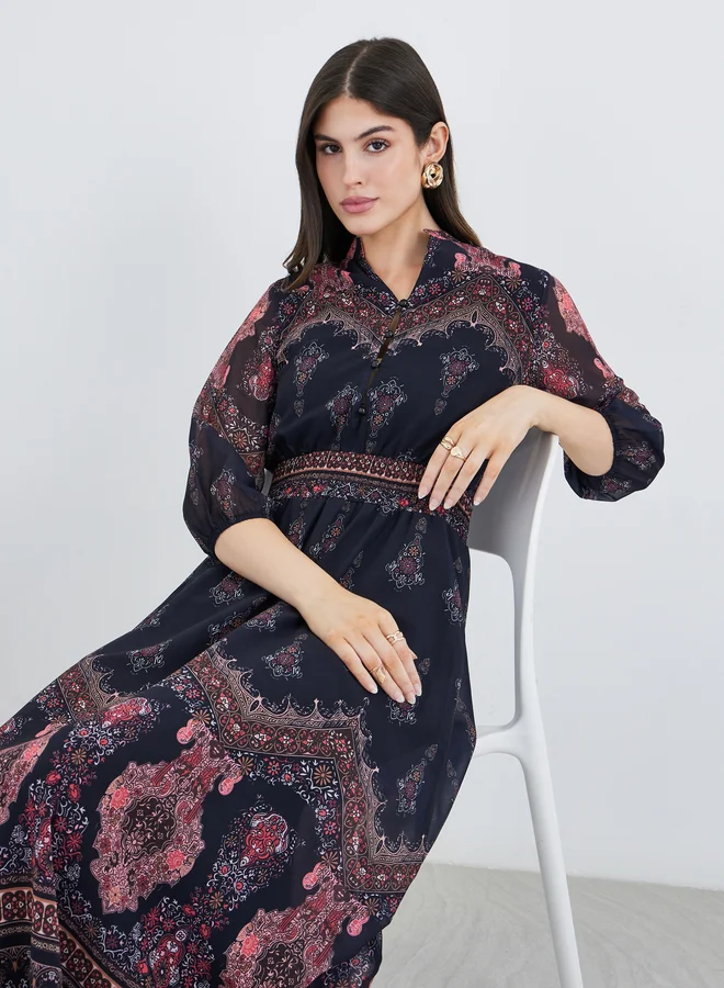 Floral Print A-Line Maxi Dress Midnight Blue
