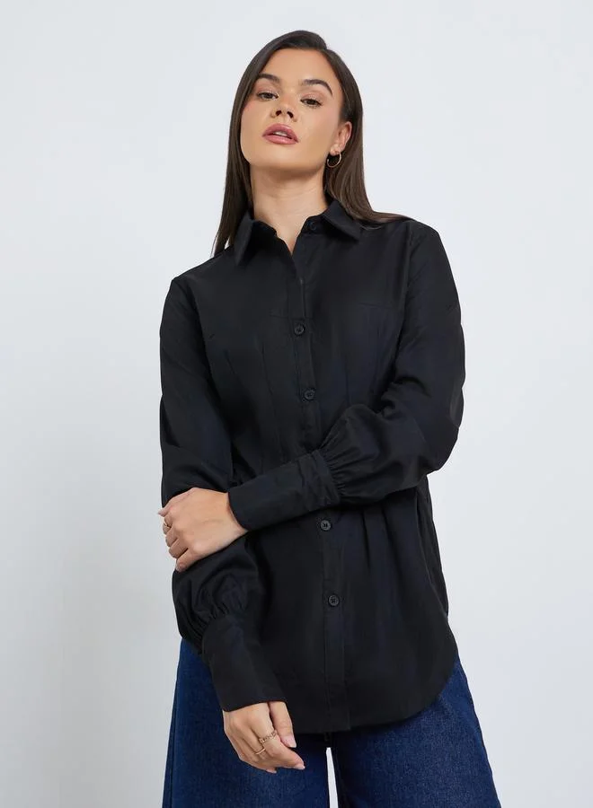 Styli Tailored Waist Buttoned Shirt Black