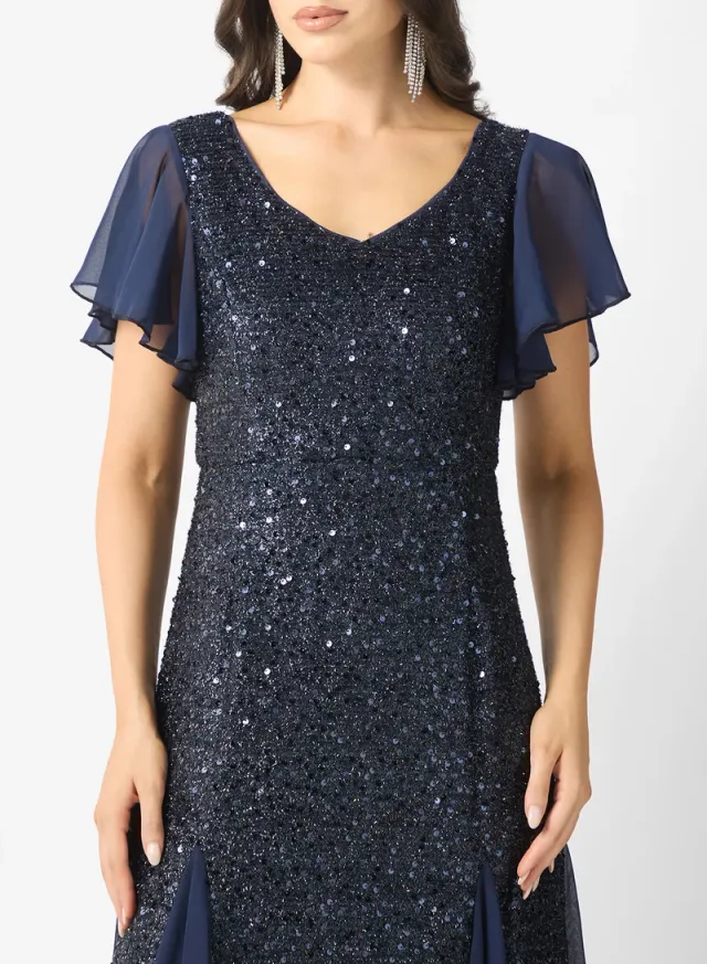 Navy Blue Embellished Maxi Fit & Flare Dress – image 3