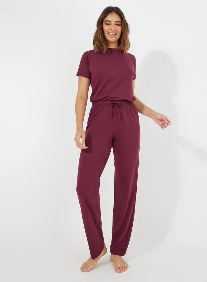 Cotton T-Shirt & Straight Pyjama Set Red