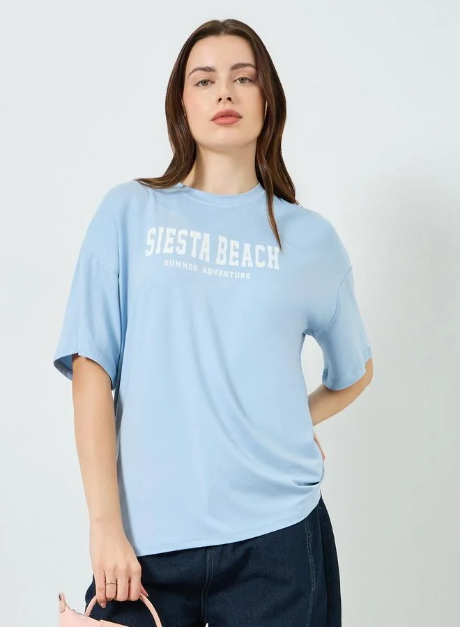 Slogan Print Oversized T-Shirt Blue