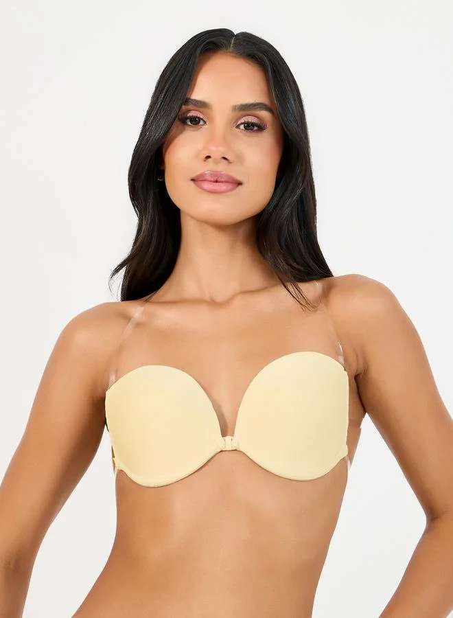 Front Fastening Clear Strap Bra Beige