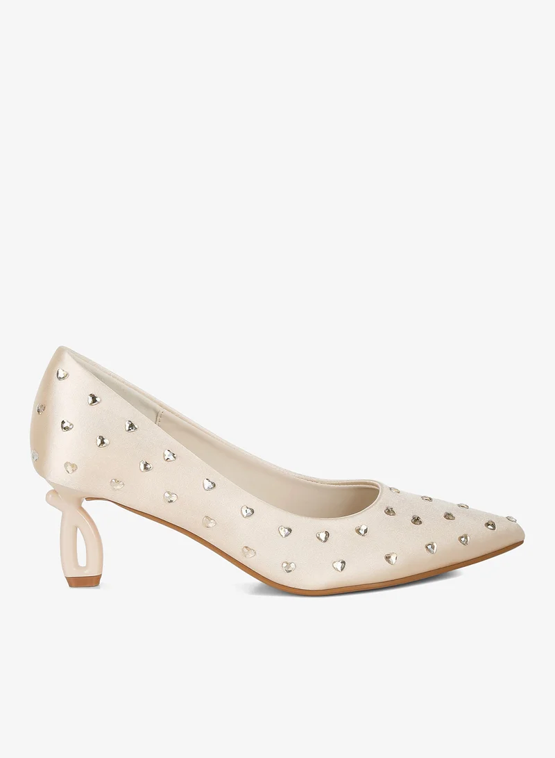 Heart Rhinestone Pumps Beige