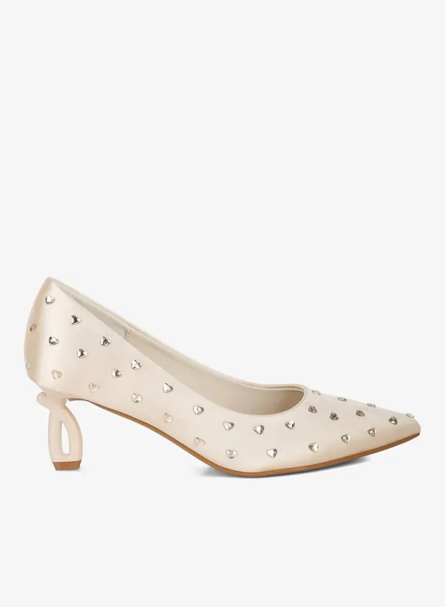 Heart Rhinestone Pumps Beige