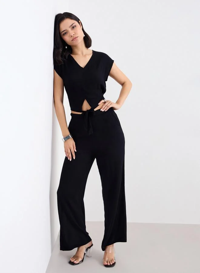 Styli Front Knot Crop Top and Pants Co-ord Set Black