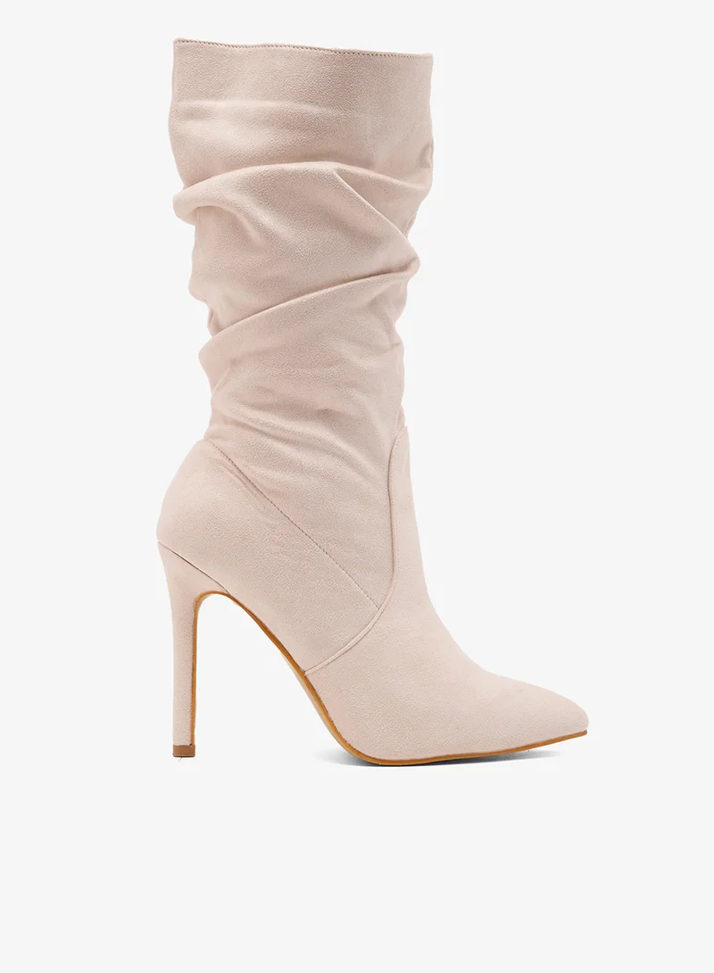Pointed Toe Stiletto Mid Calf Boots Beige