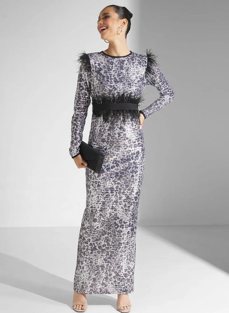 Feather Trimmed Gown Silver