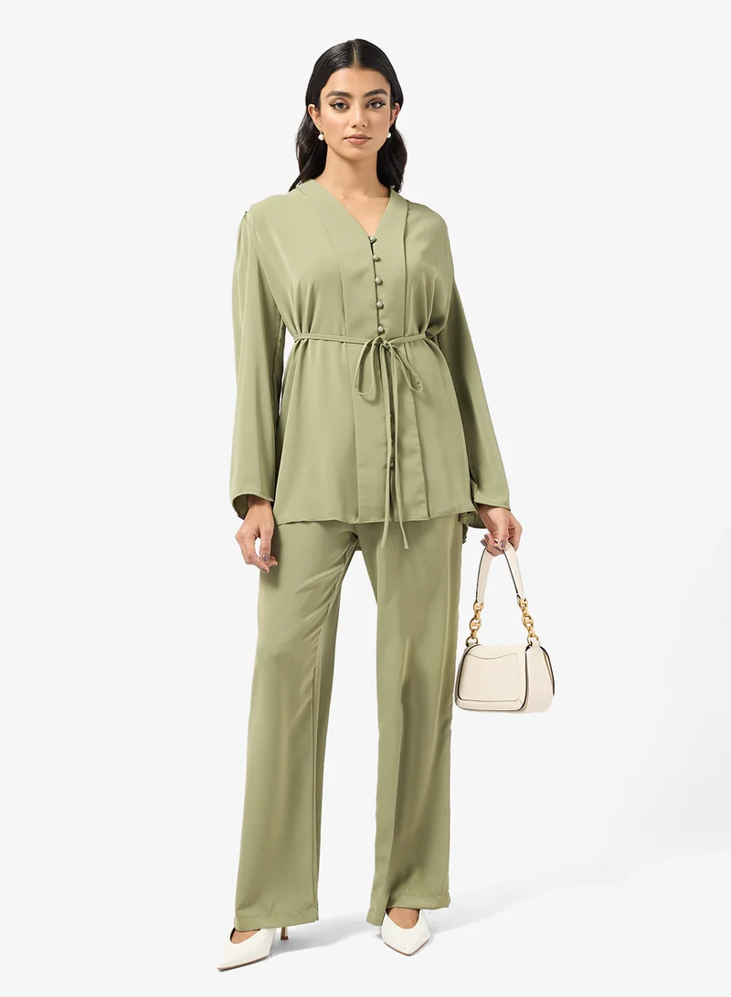 Button Down Tunic & Pant Set Olive Green