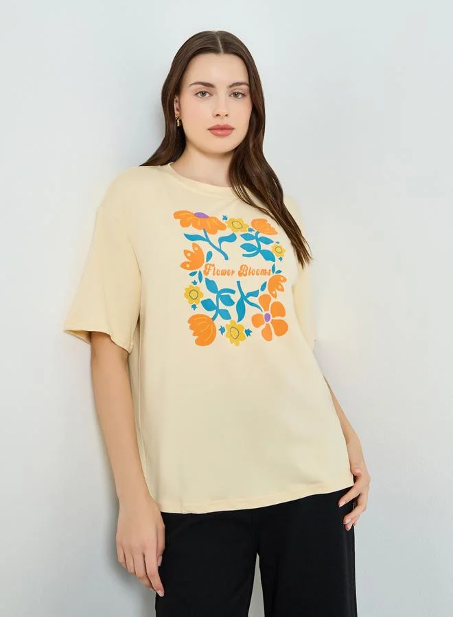 Women's Floral Graphic Oversized T-Shirt Beige