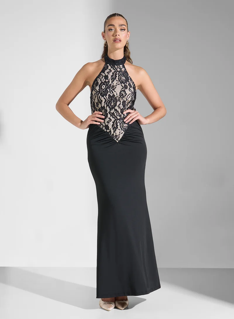 Lace Halter Gown Black