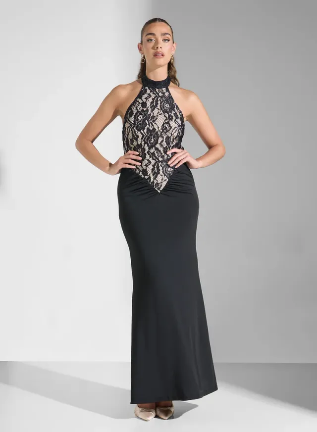Lace Halter Gown Black