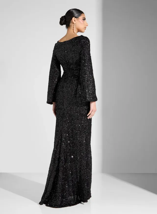 Black Sequin Maxi Dress with Square Neck and Long Bell Sleeves – image 2