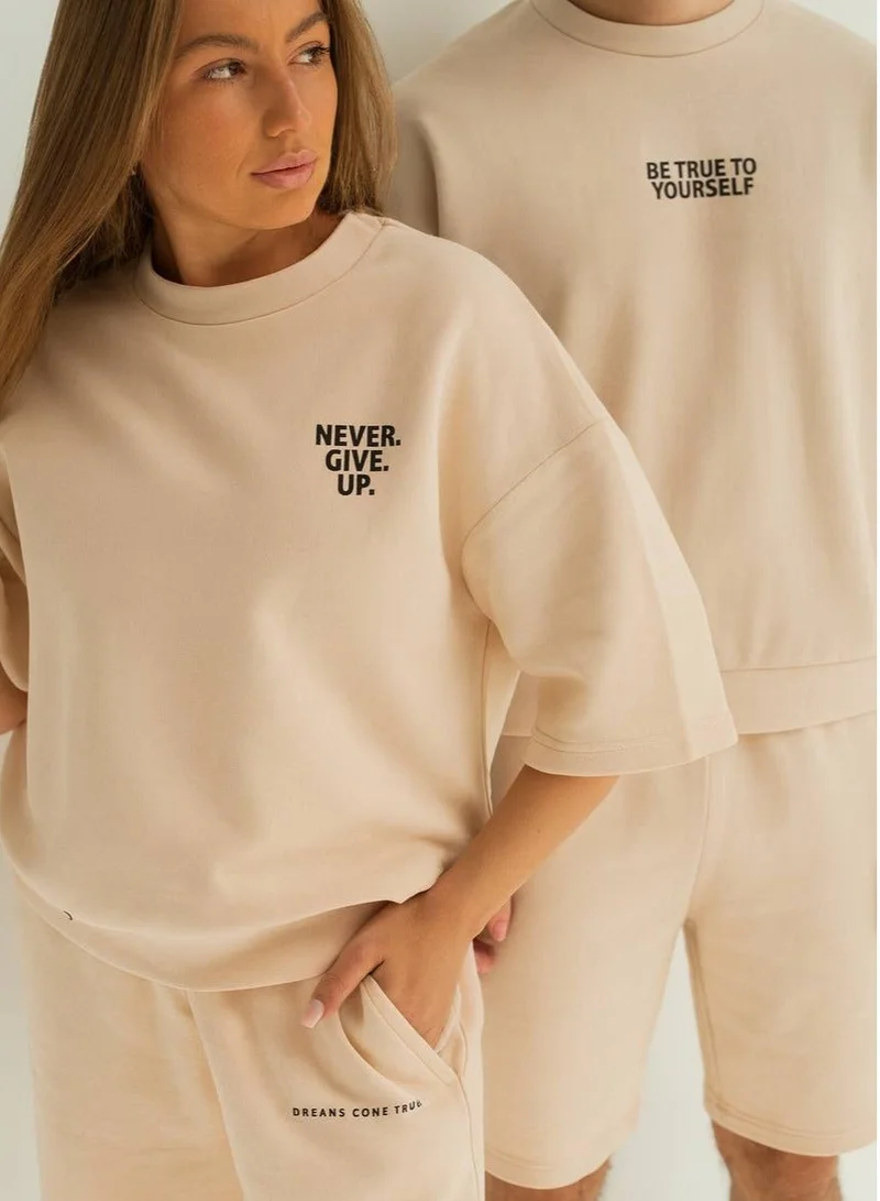 Short Sleeve Hoodie Beige
