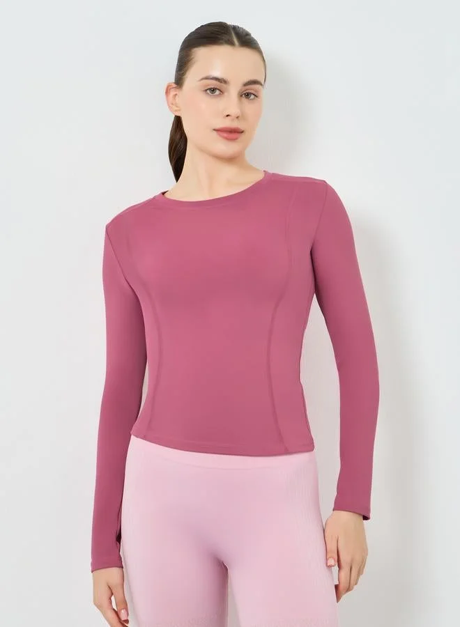 Fitted Round Neck Long Sleeve Top Pink
