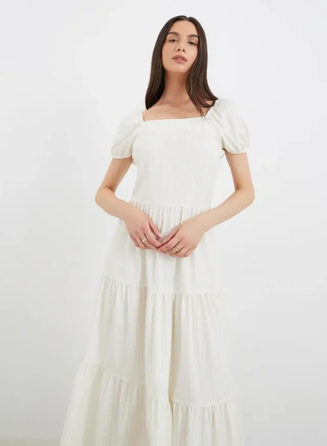 Striped Puff Sleeve Tiered Midi Dress – image 3