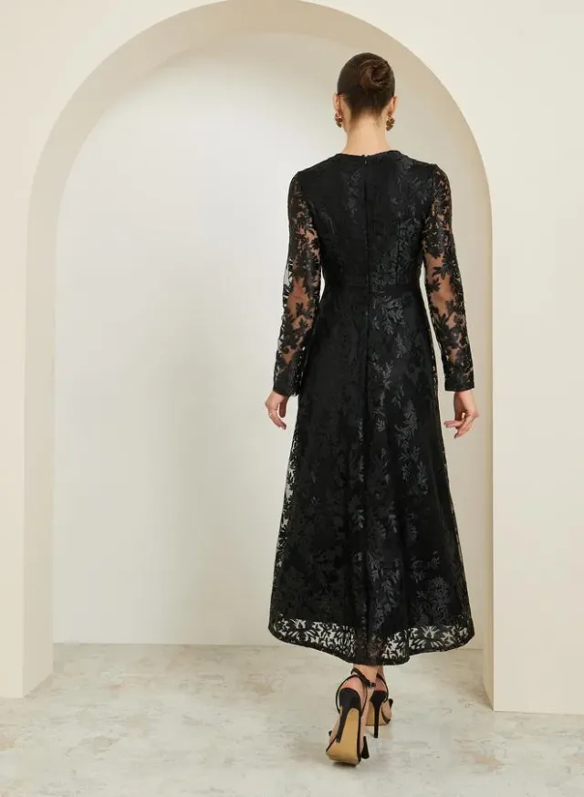 Lace Long Sleeve A-Line Maxi Dress Black – image 5