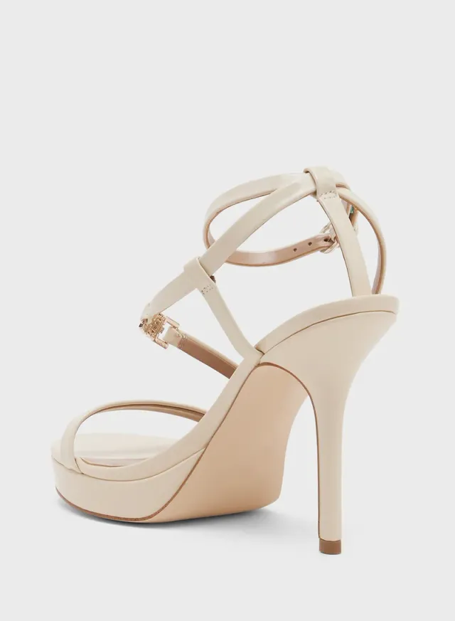 Cream High Heel Sandals with Ankle Straps - Slip On Style – image 3