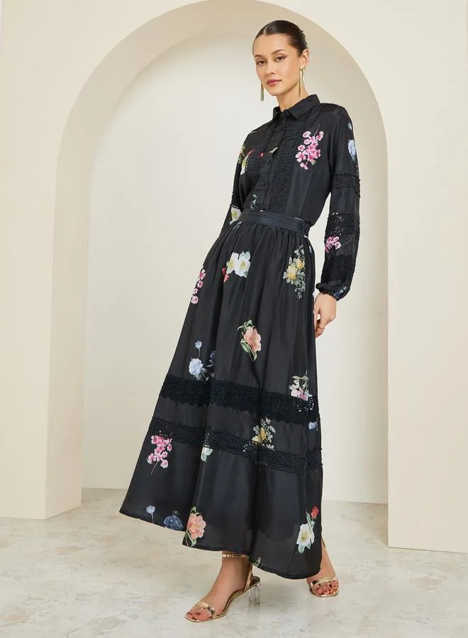 Floral Print Lace Trim Maxi Skirt Black