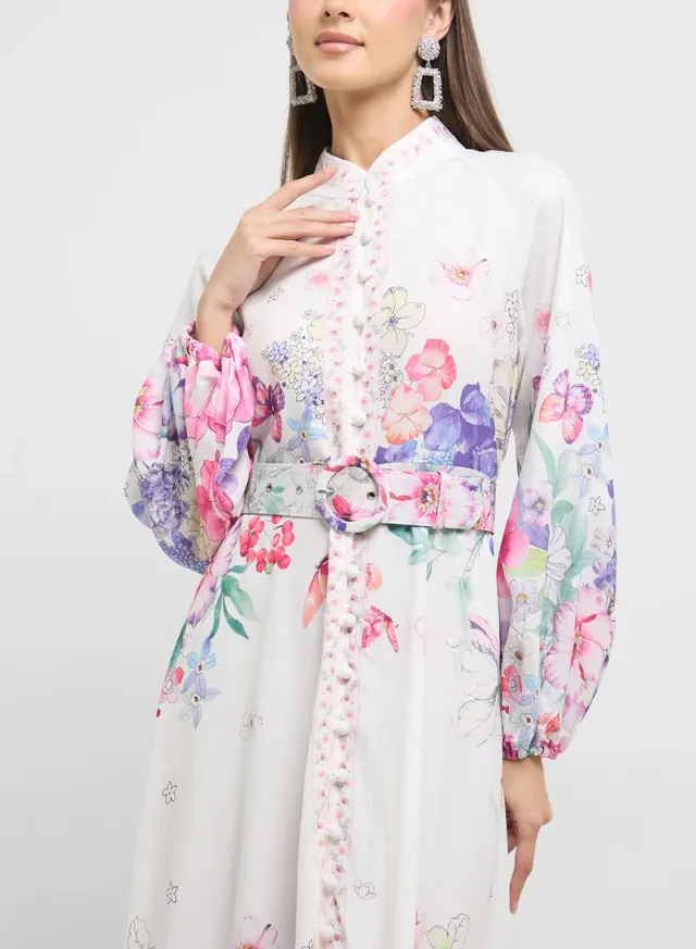 Ivory Floral Print Maxi Dress with Belt and Long Bishop Sleeves – image 3
